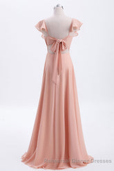 Peach Ruffles A-lline Chiffon Long Bridesmaid Dress with Tie Back